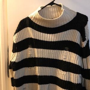 Distressed, striped, mock turtleneck sweater